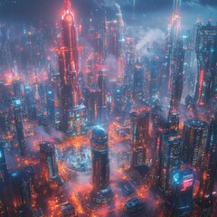 Poster - A futuristic cityscape with glowing skyscrapers and illuminated streets.