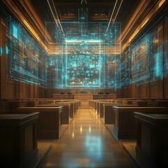 Canvas Print - A futuristic courtroom with digital data projections.