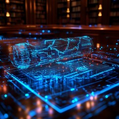 Canvas Print - A futuristic map, rolled and unrolled on a digital screen, showcasing a blue glow effect, set in a library with bookshelves in the background.