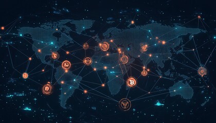 A futuristic network of cryptocurrency symbols, connected by lines on a world map, against a dark background, representing global cryptocurrency network.