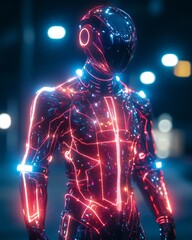 Canvas Print - A futuristic robot stands in a city at night, lit by neon lights.