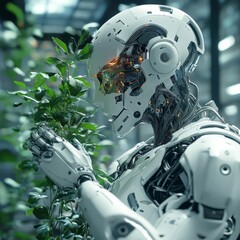 Canvas Print - A futuristic robot with a plant in its hand, looking at it with curiosity.