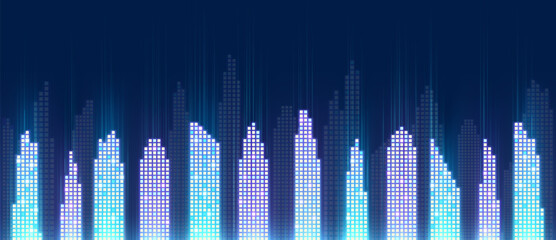 Wall Mural - smart city, digital pixel concept of futuristic cityscape. intelligent technology neon city backgrou