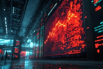 Canvas Print - A futuristic stock exchange with a large digital screen displaying a red line graph with data visualizations, surrounded by other digital screens.