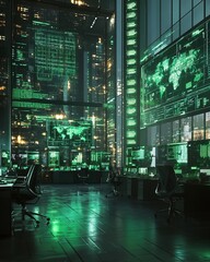 Wall Mural - A futuristic, high-tech control room with multiple screens displaying data and maps.