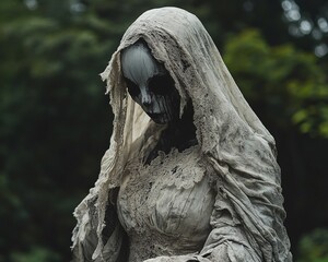 Sticker - A ghostly figure in a tattered white dress stands in a dark forest, her face obscured by a veil.