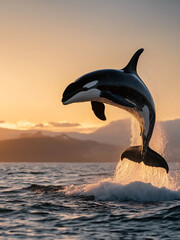 killer whale leaping from ocean with water splashes at the sun set time.
