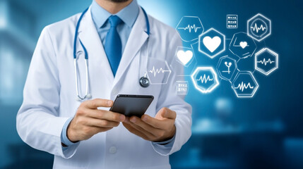 Doctor in a white coat using a smartphone with medical icons and health data symbols on a digital interface