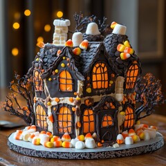 Poster - A gingerbread house decorated for Halloween with candy corn, marshmallows, and a spooky aesthetic.