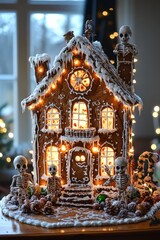 Wall Mural - A gingerbread house decorated with skeletons and lights.