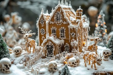 Poster - A gingerbread house decorated with spooky Halloween decorations.