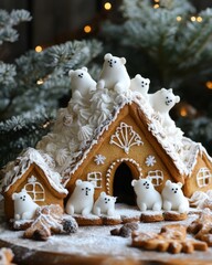 Sticker - A gingerbread house decorated with white icing and polar bear figurines, surrounded by pine branches and lights.