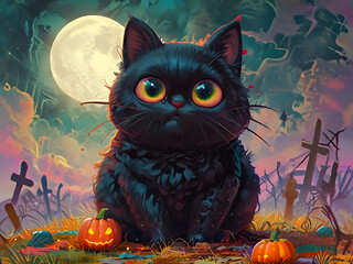 A cute black cat with big, yellow eyes sits in front of a graveyard with pumpkins, under a full moon. The scene is vibrant and whimsical with a spooky, Halloween feel. 