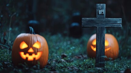 Two glowing jack-o'-lanterns beside a wooden cross in a dimly lit, grassy setting create a spooky Halloween atmosphere.