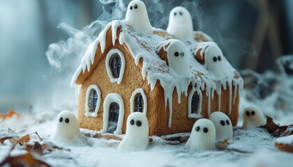 Poster - A gingerbread house with white frosting and ghosts, surrounded by dry leaves and smoke.