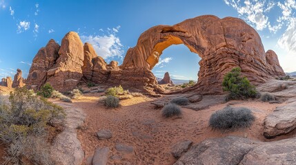 A natural stone bridge in the desert, its thin, fragile arch connecting two large, towering rock formations