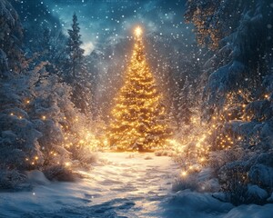 Canvas Print - A glowing Christmas tree stands in a snowy forest at night.