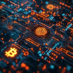 Wall Mural - A glowing hexagon with a blockchain symbol surrounded by a circuit board with a glowing bitcoin symbol.