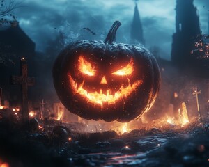 Wall Mural - A glowing jack-o'-lantern floats in a spooky graveyard with a church in the background.