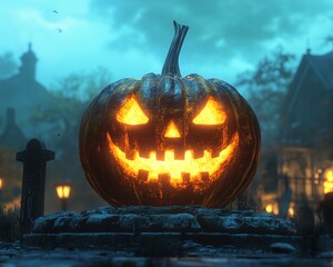 Poster - A glowing jack-o'-lantern sits in a spooky, foggy graveyard with a church and a graveyard in the background.