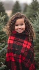 Wall Mural - A young girl is wearing a red and black plaid blanket