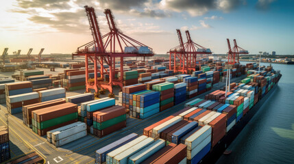 Busy Container Port at Sunset