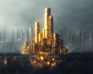 Canvas Print - A golden cityscape rises above a foggy urban skyline, symbolizing wealth and ambition.