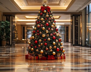 Wall Mural - A grand Christmas tree adorned with red and gold ornaments stands in a marbled lobby, surrounded by wrapped gifts.