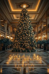 Poster - A grand Christmas tree stands tall in a luxurious hotel lobby, adorned with ornaments and surrounded by wrapped gifts.