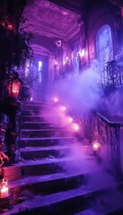 Sticker - A grand staircase with ornate railings, illuminated by candles and bathed in purple and blue light.