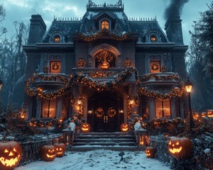 Sticker - A grand, Victorian-style mansion adorned with festive Halloween decorations, including jack-o'-lanterns, garlands, and lights, stands majestically in a snowy, winter setting.