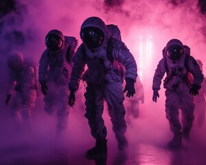 Wall Mural - A group of astronauts in white spacesuits walk through a smoky, pink-lit environment.