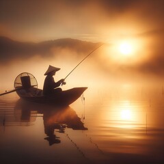 Wall Mural - A fisherman in a hat, casting a line from his boat in the hazy light of sunrise on a calm lake.