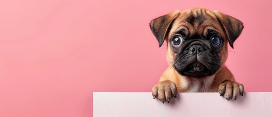 Wall Mural - Pug puppy dog peeking out from the edge of a blank billboard with his paws on the bottom edge and his head facing forward on a cute and adorable pastel background