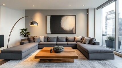 Modern living room with a gray sectional sofa, wooden coffee table, and a large painting on the wall.