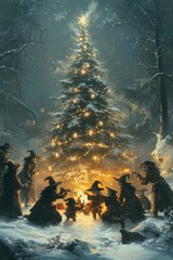 Sticker - A group of witches celebrate Christmas under a glowing tree in a snowy forest.