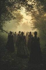 Poster - A group of women in long dresses walk through a foggy forest towards the sunrise.