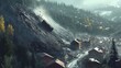 © Farn - 75. A landslide sweeping down a mountainside, with debris and trees crashing into houses below