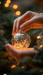 Poster - A hand decorates a Christmas tree with a glass ornament filled with twinkling lights.