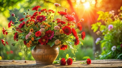 Vibrant red wildflower bouquet featuring a rustic floral arrangement that exudes natural charm, perfect for adding a touch of beauty to any setting