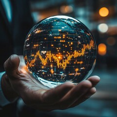 Canvas Print - A hand holding a crystal ball with a glowing stock market graph inside.