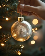 Wall Mural - A hand hangs a silver ornament on a Christmas tree, with warm string lights blurred in the background.