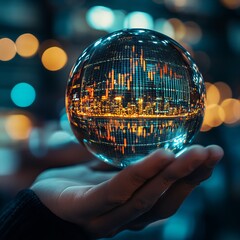 Canvas Print - A hand holds a crystal ball reflecting a cityscape at night with bokeh lights in the background.