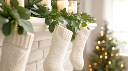 Cozy Christmas stockings hanging from a white mantel with greenery and candles