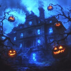 Sticker - A haunted mansion with glowing windows and jack-o-lanterns hanging from bare branches in a dark and stormy night.