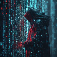 Canvas Print - A hooded figure stands before a wall of binary code, representing the mystery and power of technology.