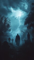 Canvas Print - A hooded figure stands in a graveyard as lightning strikes in the distance.