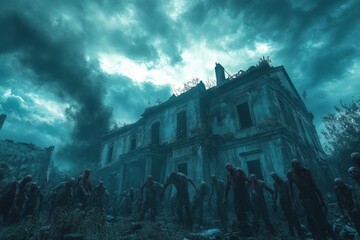 Poster - A horde of zombies approaching a crumbling mansion in a stormy apocalyptic landscape.