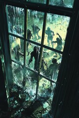 Canvas Print - A horde of zombies seen through a broken window.