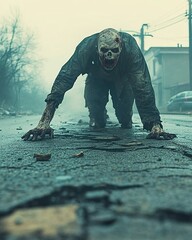 Canvas Print - A horrifying zombie crawls towards the camera on a deserted road.